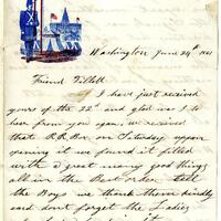 First page of handwritten letter to "Friend Tillot," June 24, 1861 on patriotic letterhead depicting a soldier, American flags, military tents, and the US Capitol building