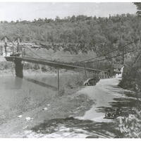 A black and white image of the suspension bridge over the Niagara Gorge in Lewiston