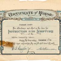 Certificate of Honor awarded to Richard Arndt at the Selden Community School in 1944.