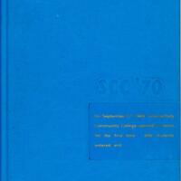 Blue yearbook cover with gold print