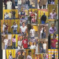 Collage of photos showing people at the New Skateland Arena roller skating rink in Buffalo, N.Y. Includes primarily children and teenagers alone and in groups. Date ranges from late 1970s to early 2000s. Collage displayed in the Main Rink and Locker area