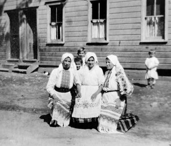 Three women in traditional Ukrainian dress
