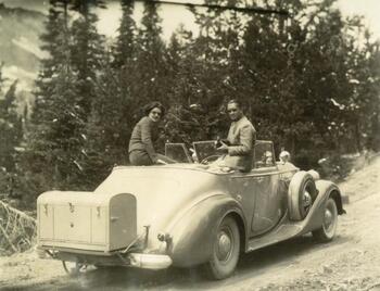 Natalie and Robert Coe, with a 16mm film camera, in Jackson, Wyoming, 1938.