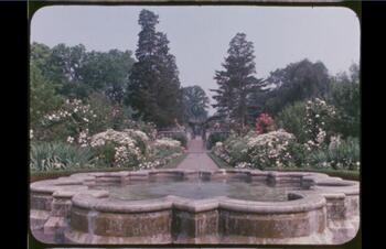 Fountain and seasonal garden beds, Walled Garden, Old Westbury Gardens, Old Westbury, N.Y.