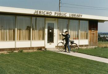 Kenneth Kraus in front of the first Jericho Public Library circa 1968. Photo by Sy Miller.