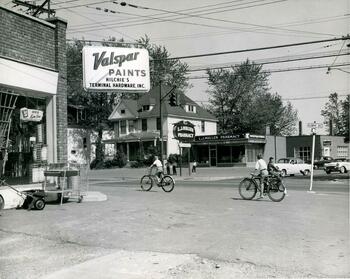 256 Delaware Ave, Bethlehem, NY, ca. 1955. Hilchie's Terminal Hardware, Inc. and L.J. Mullen Pharmacy are seen in photo.