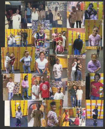 Collage of photos showing people at the New Skateland Arena roller skating rink in Buffalo, N.Y. Includes primarily children and teenagers alone and in groups. Date ranges from late 1970s to early 2000s. Collage displayed in the Main Rink and Locker area