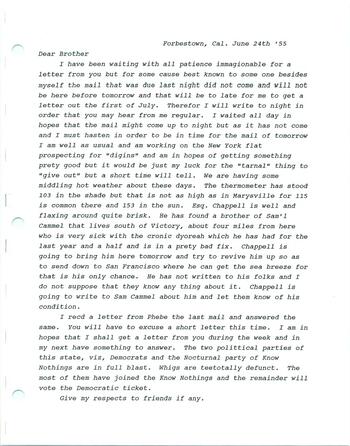 Samuel Hedges to David Hedges, Transcribed Letters, 1852-1870