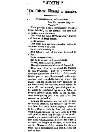 "John" The Chinese Element in America, from the Evening post., May 25, 1871, Page 1