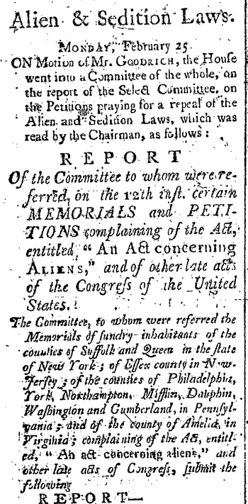 "Alien & Sedition Laws," Otsego Herald, March 21, 1799