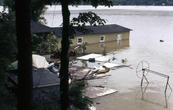 Partially submerged boathouse in Corning Landing on Keuka Lake