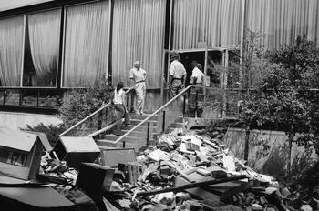debris of furniture outside the museum