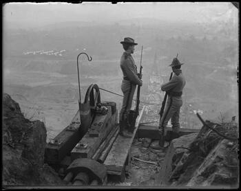 Soldiers guarding the cables during the Croton Dam strike, Croton Landing, N.Y., April 21, 1900.
