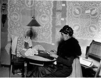 Belgian Lace Maker at the Rochester Homelands Exhibition, April 10-19, 1920, on the grounds of Exposition Park in Rochester, NY.