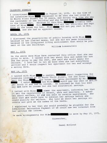 Relocation caseworker notes for a Hudson relocatee