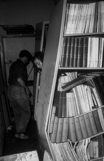 periodical shelving damaged by flooding