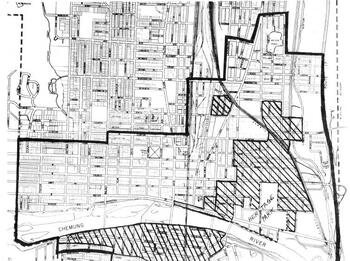 Map of Elmira's north side with areas marked for review and urban renewal