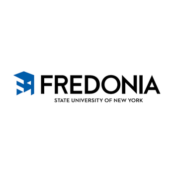 Logo of the State University of New York at Fredonia. The Logo is a stylized letter F in blue and white and is followed by the university's name in black