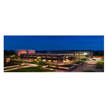 Photo of SUNY Cortland's library at night