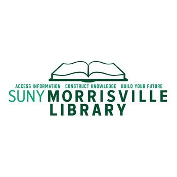 Logo for SUNY Morrisville Library with an open book outline and text below the outline reads access information, construct knowledge, and build your future.