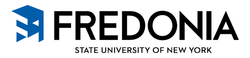 Logo of the State University of New York at Fredonia. The Logo is a stylized letter F in blue and white and is followed by the university's name in black